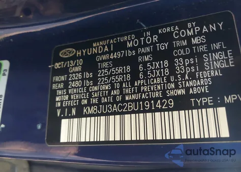 2011 Hyundai Tucson Limited z USA, uszkodzony, nr VIN KM8JU3AC2BU191429